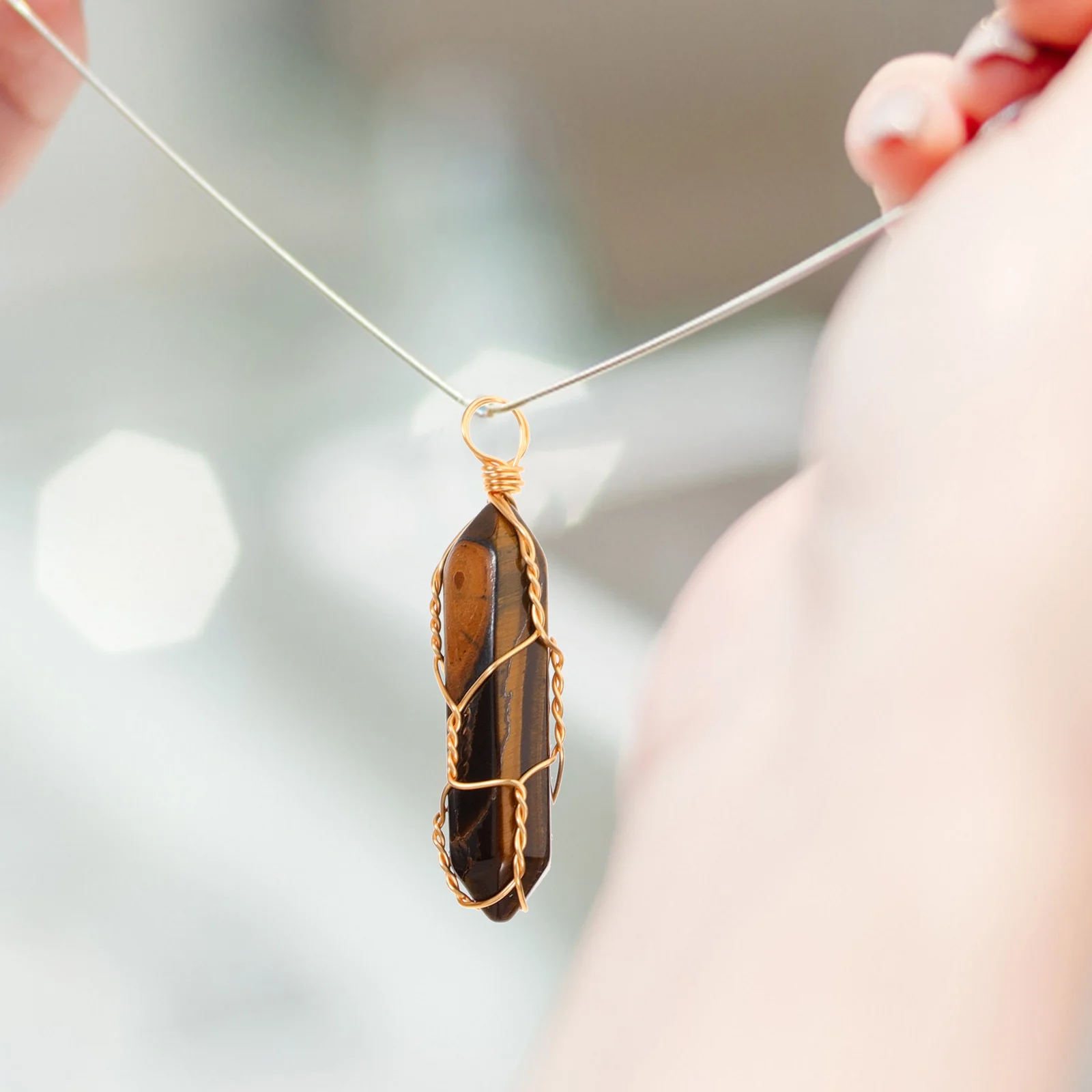 12Pieces Copper Natural Stone Necklace Pendant Hexagon Craft Ornament Charm Decor For Jewelry Making Bracelet Accessories