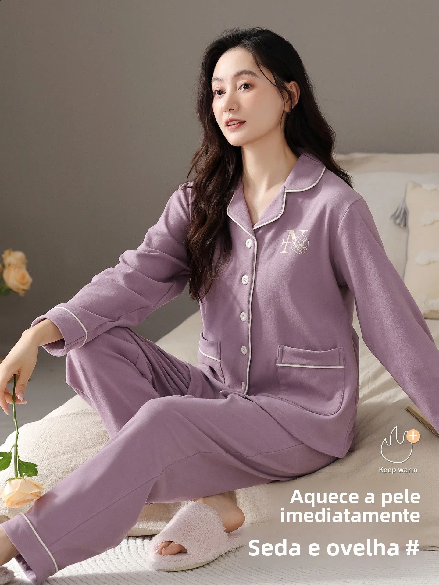 fenteng-care-women's-thickened-long-sleeve-sleepwear-autumn-winter-home-clothes-soft-polyester-fiber-comfortable-casual-style