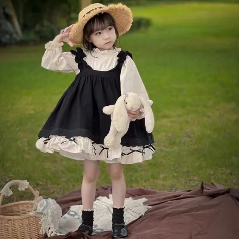 

Fashion Baby Girl Lace Lolita Princess Dress Set 2Pcs Spring Autumn Child Bow Retro Dress Vestido Clothes Set Kids Clothes 1-12Y