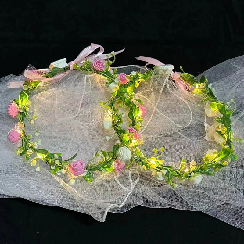 Women Girl Forest Style Luminous Wreath Rural Wedding Plant Flower Wreath Headwear LED Light Wreath Garland Decoration Hairband