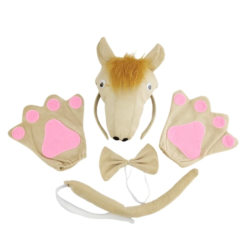 3pcs Cartoon Stuffed Horse Hair Hoop with Tail/Bowtie/Glove Set Performances Role Play Headwear for Teens Girl Child