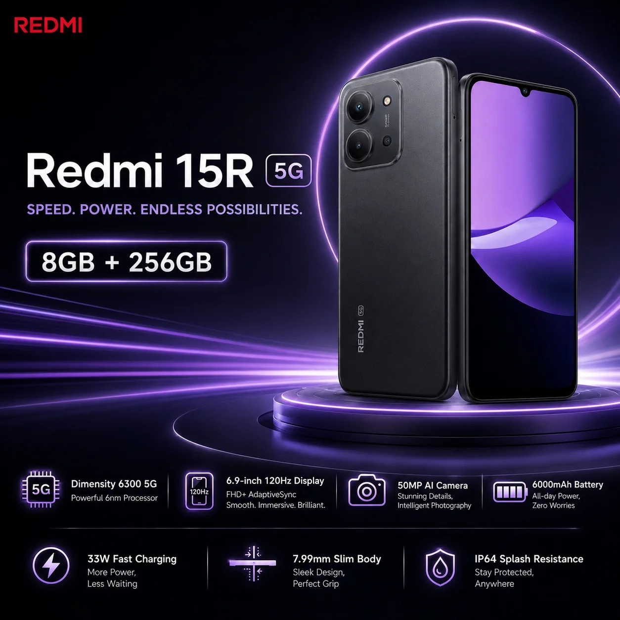 2026 new Redmi 15R 5G Smartphone 8GB+256GB, 7.99mm Slim Design, 6.9'' 120Hz Display, 6000mAh Battery, Dimensity 6300, 33W Charge