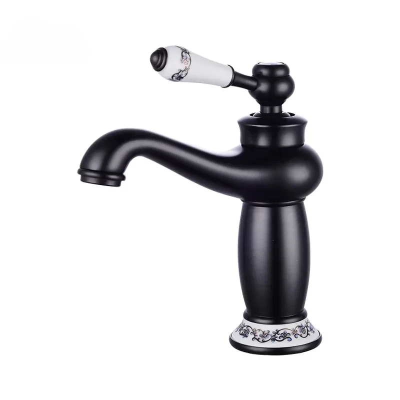 

Basin Faucets Black Brass Washbasin Tap Bathroom Sink Faucet Ceramics Single Handle Hole Deck Mount Hot and Cold Mixer Tap