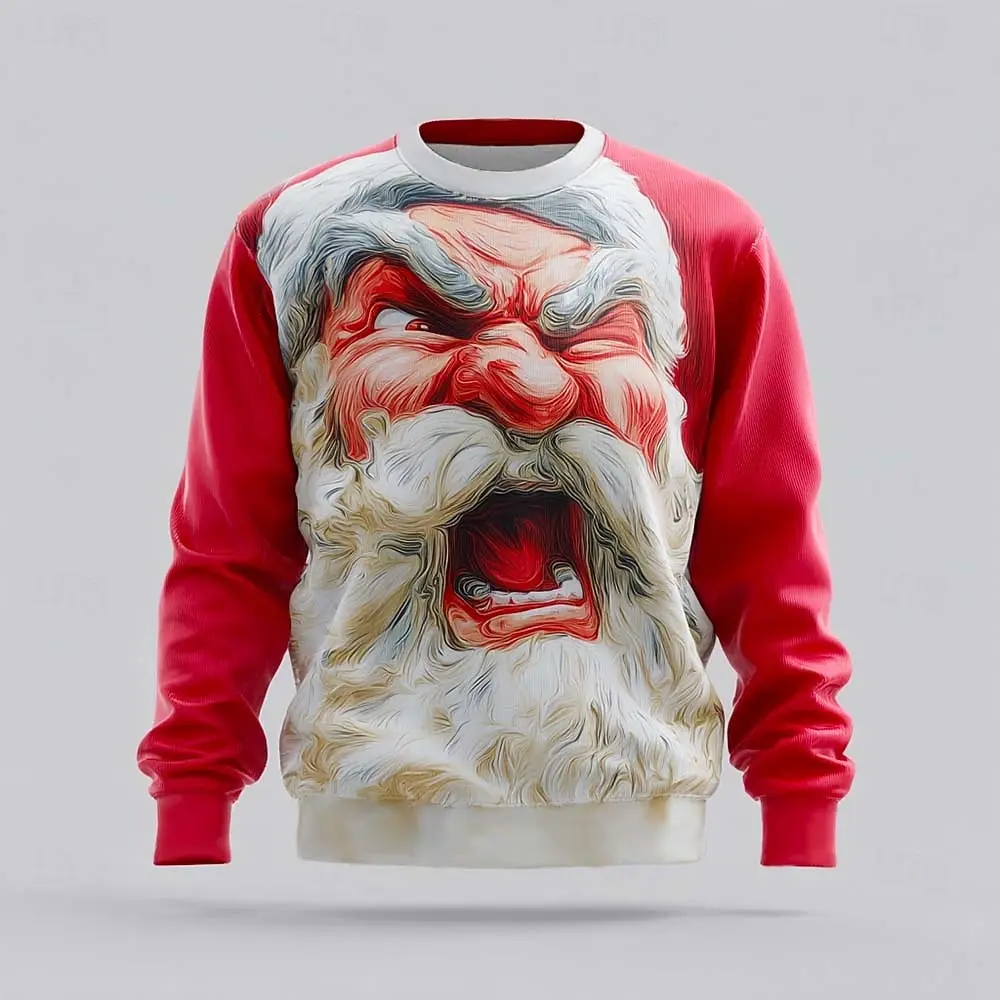 Christmas Men's Angry Santa Claus Sweatshirt Cool Party Crew Neck Vacation Party Gift Crewneck 3D Printed Pullover Fall Winter