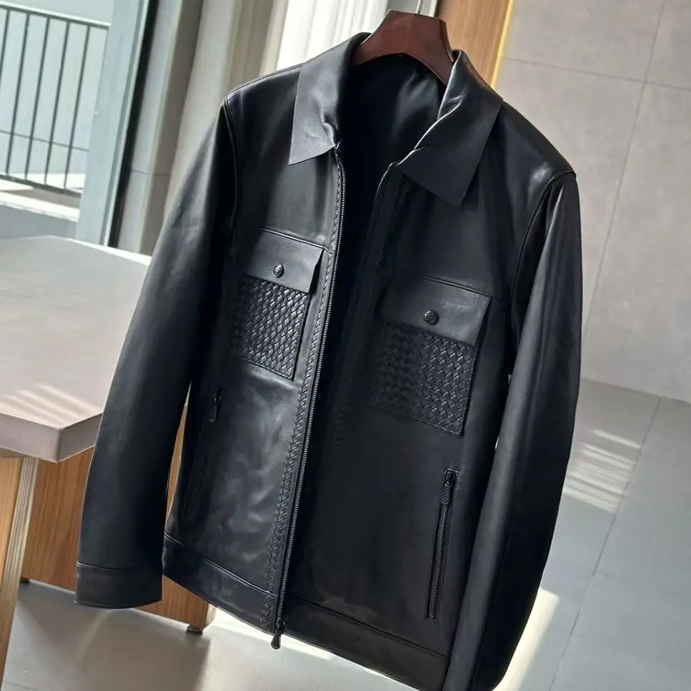 

Men's Zip-Up Leather Jacket Lapel Vintage Biker Style Business Casual Autumn Winter Windbreak Coat for Middle-Aged & Young Black