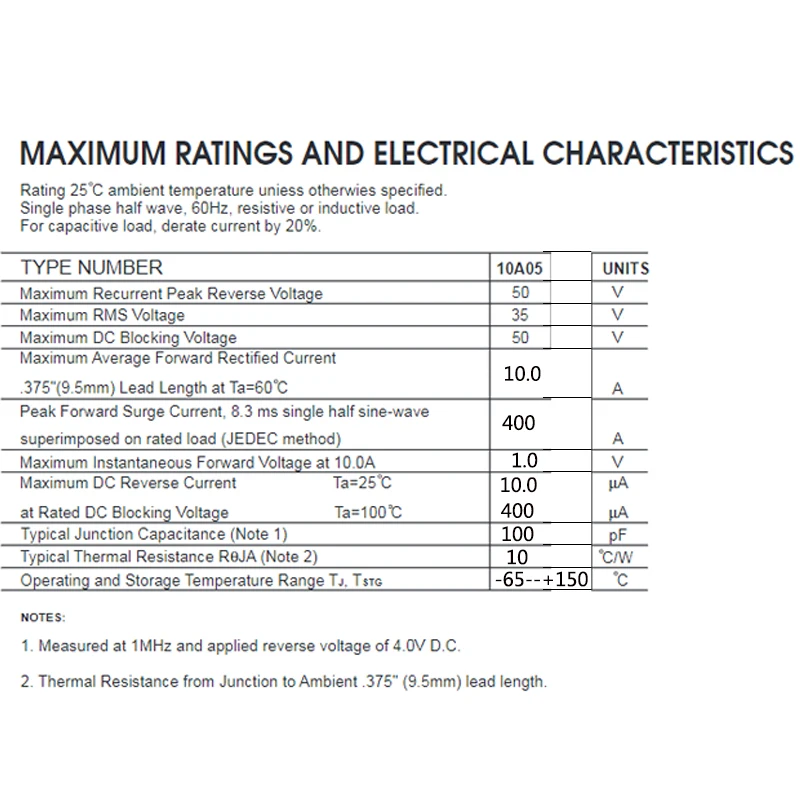 10PCS 10A10 Rectifier Diode 10A 1000V Schottky Axial Switching Doorbell Diodes 10 Amp 1000 Volt Dioden R-6 Package