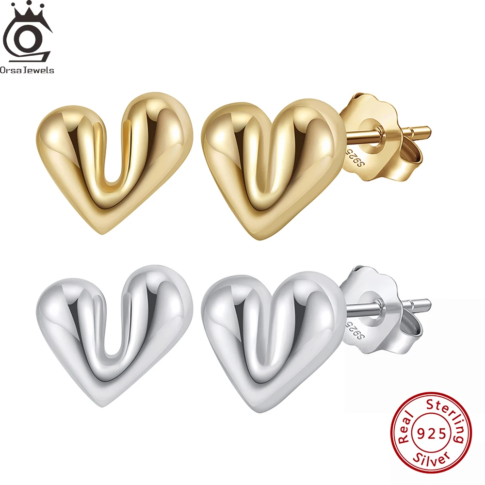 ORSA JEWELS Sweet Love Heart Stud Earrings 925 Sterling Silver Love Ear Stud Fashion Piercing Simple Heart Ear Jewelry APE70