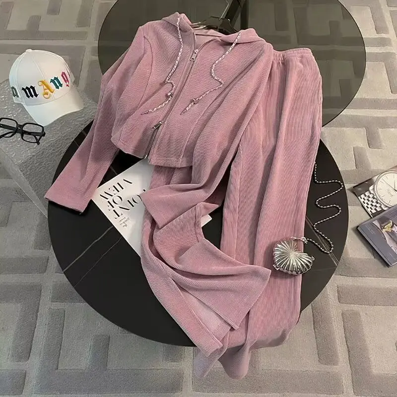 Leisure sports suit for women spring and autumn new style loose short hooded top hanging feeling split wide leg pants two-pi