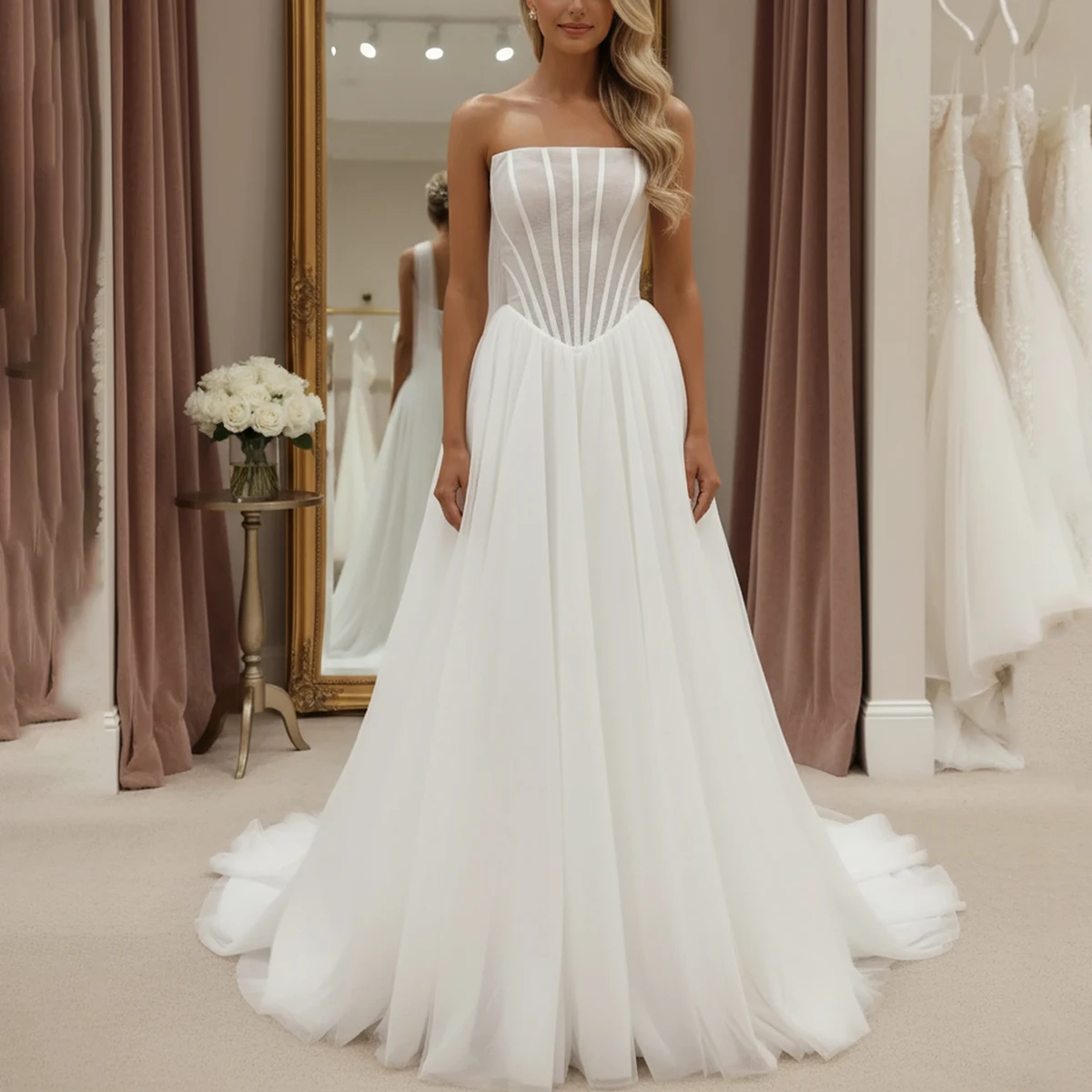 

Romantic Strapless Tulle Ball Gown Wedding Dresses For Women Vestidos Novia Long Pleated Backless Bridal Party Gown With Train