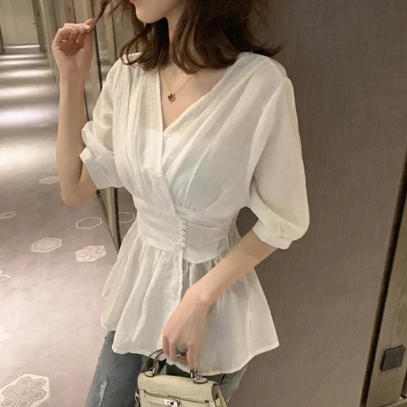 2019 Summer Women Special Design Elegant Chiffon Blouse Slim Shirt Korean Fashion Solid Casual Short Sleeve White Shirt Tops