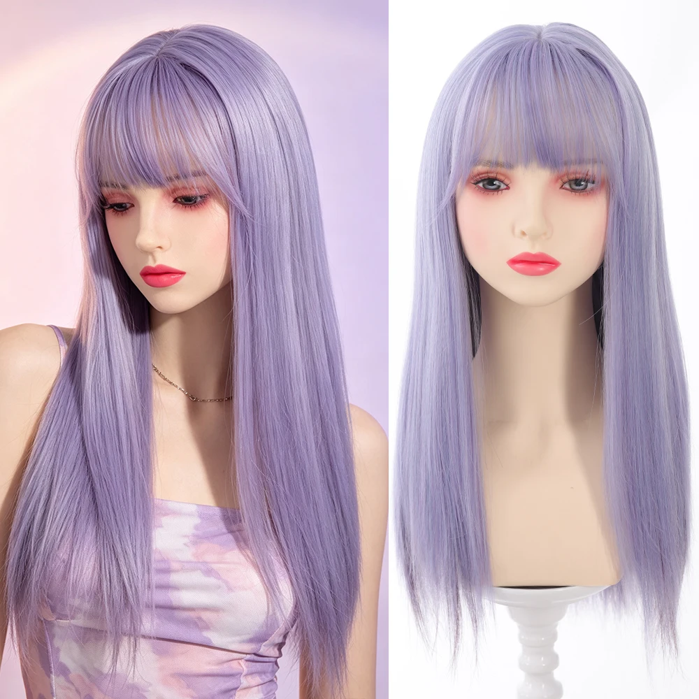 Synthetic 24 Inch Light Purple Airy Bangs Long Straight Hair Wig Halloween Cosplay Heat Resistant Fiber Hair Accessories