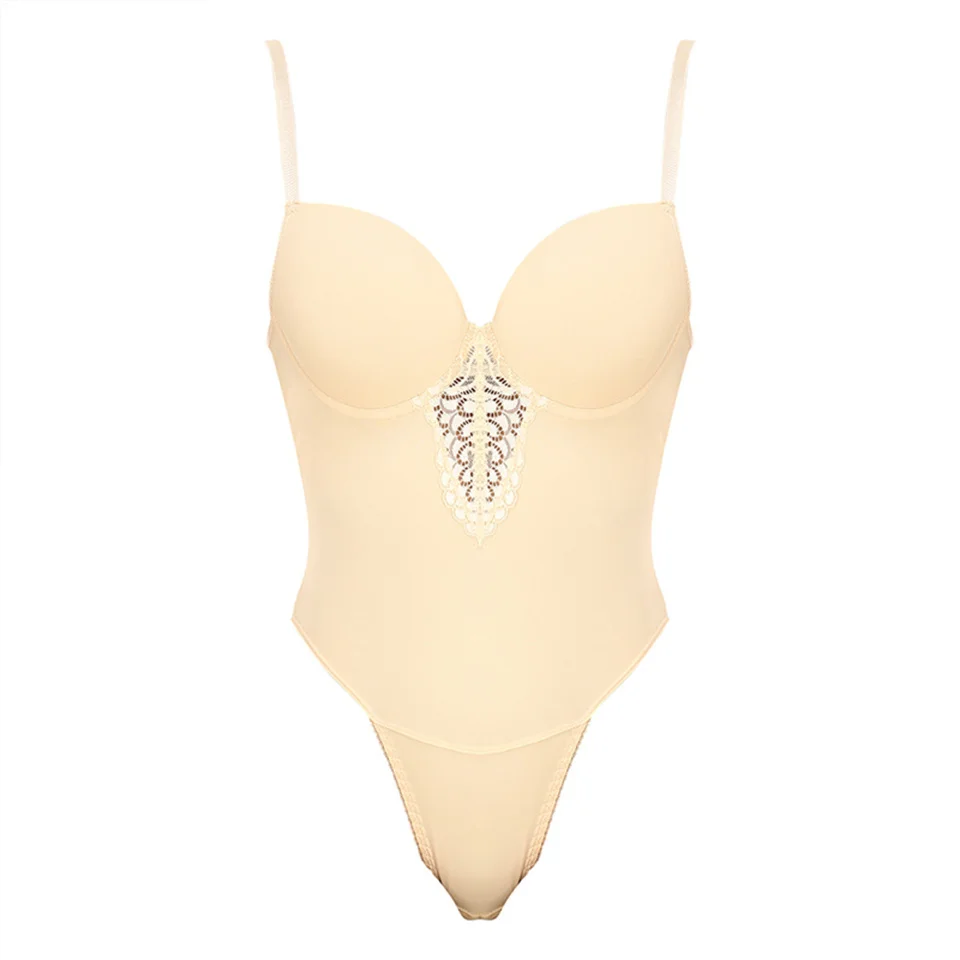 Spitzen-Bodysuit mit Füllschale für Damen, Hautfarbene Enge Bodys, Einfarbiger Netz-Bodysuit, Sexy Shapewear, Figurformender Body – Detail 23