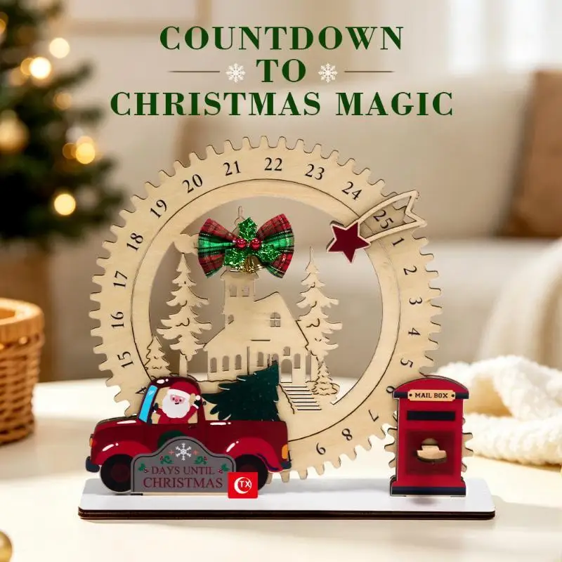 Christmas Countdown Gear Pendant Wooden Santa Truck Desktop Decor Suitable for Xmas New Year Holiday Home Table Ornament