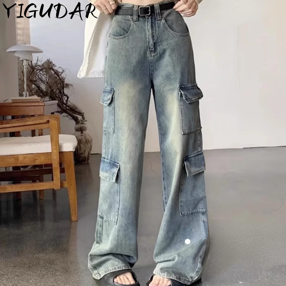 

Винтажные шикарные модные женские джинсы с карманами, базовые офисные женские прямые свободные повседневные брюки-карго с высокой талией, женская одежда