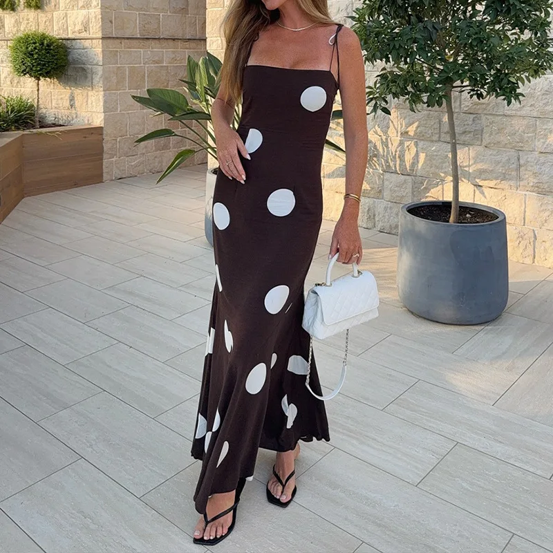 Sommer Party Casual frauen Trendy Retro Polka Dot Spaghetti Strap Bodycon Maxi Kleid Elegante Slim Fit Langes Kleid 2026 neue
