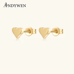 ANDYWEN 925 Sterling Silver Gold  Heart Stud Solid Love Heart Stud Earring Clips Piercing Pendiente Fine Jewelry