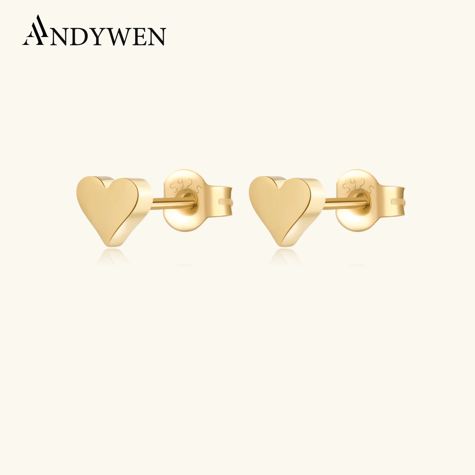ANDYWEN 925 srebrne złote serce sztyfty solidne miłosne serce kolczyk klipsy Piercing Pendiente biżuteria