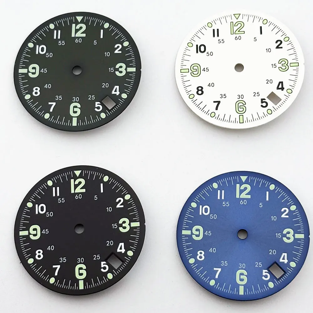 28.5mm Green Blue Pilot Dual Time Zone Watch Dial C3 Luminous Single Calendar Suitable for NH35 NH36 Automatic Movement