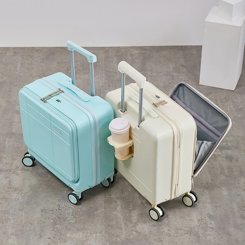 Front Opening Rolling Luggage 18 Boarding Box Multifunctional Travel Suitcase Large Capacity Trunk with Cup Holder USB Charging