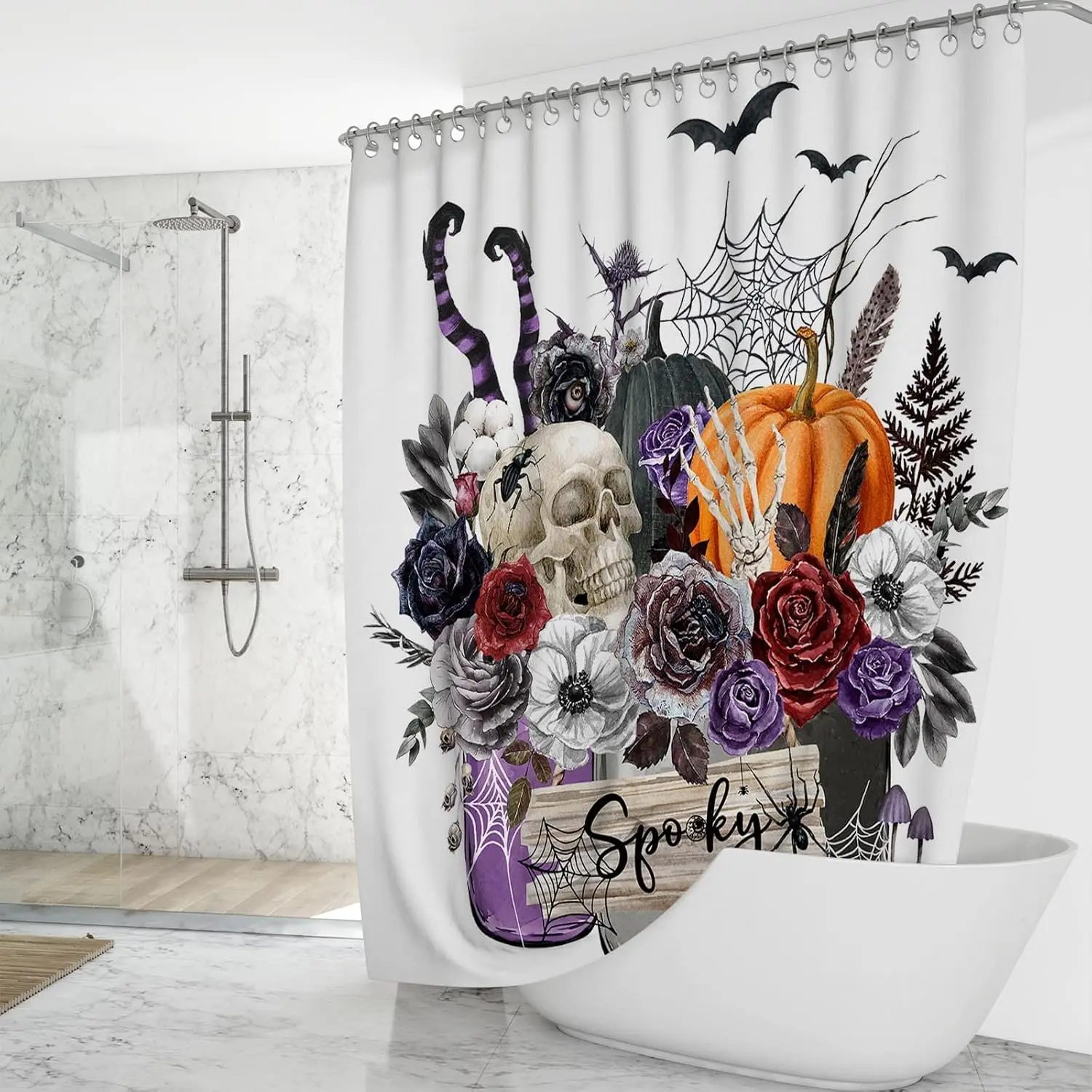 Halloween Skull and Pumpkin Shower Curtain with Spooky Flowers Bats and Spider Web Gothic Design for Bathroom