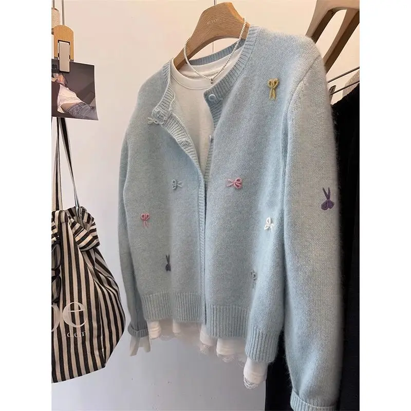 Coreano tridimensional decorativo arco macio camisola cardigan feminino solto doce camisola de malha xale jaqueta