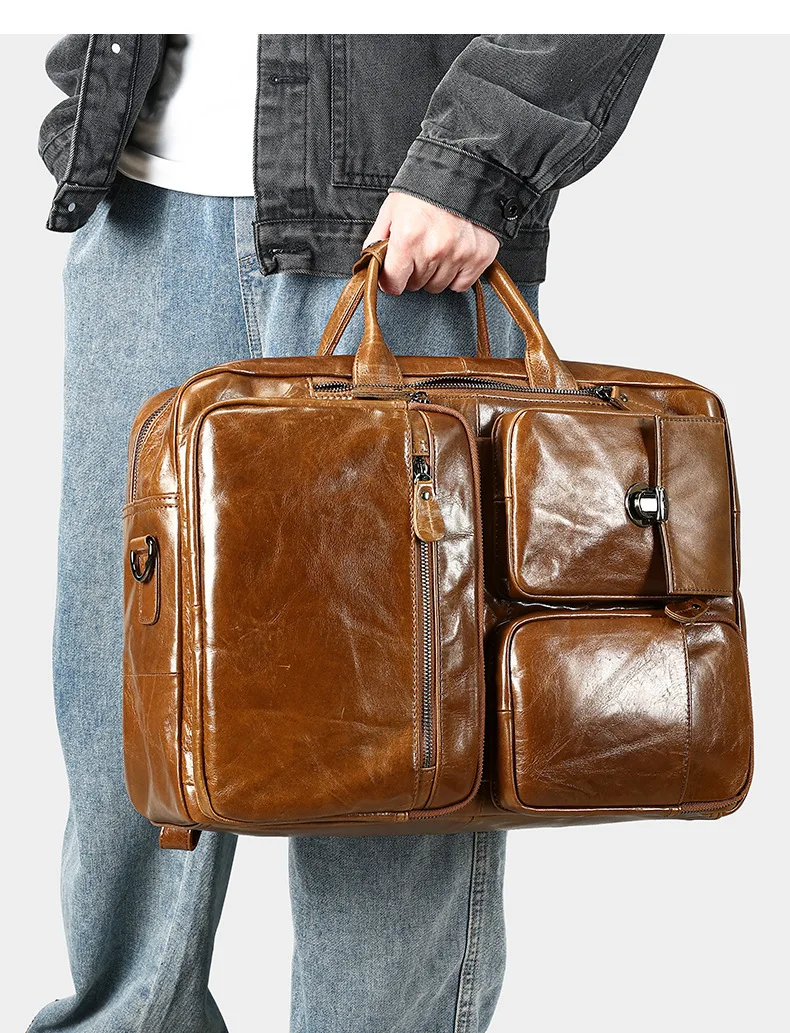 New leather multifunctional backpack, men's large capacity retro diagonal shoulder bag, hand-held briefcase.