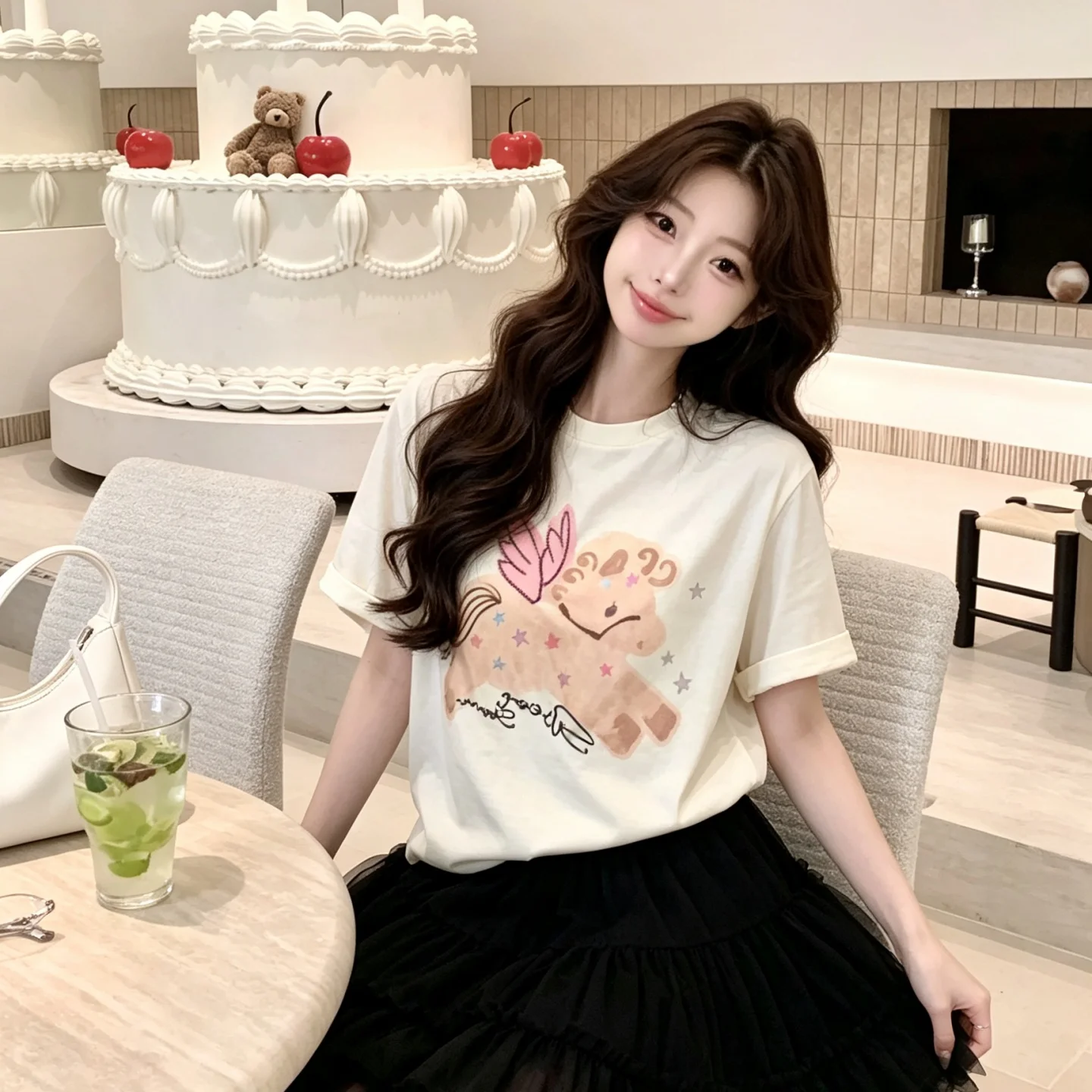 2026 New Women Loose Casual T-Shirt Summer Thin Short Sleeve Tops Cartoon Pony Print Coffee Color Fashion Ladies Daily Basic Tee