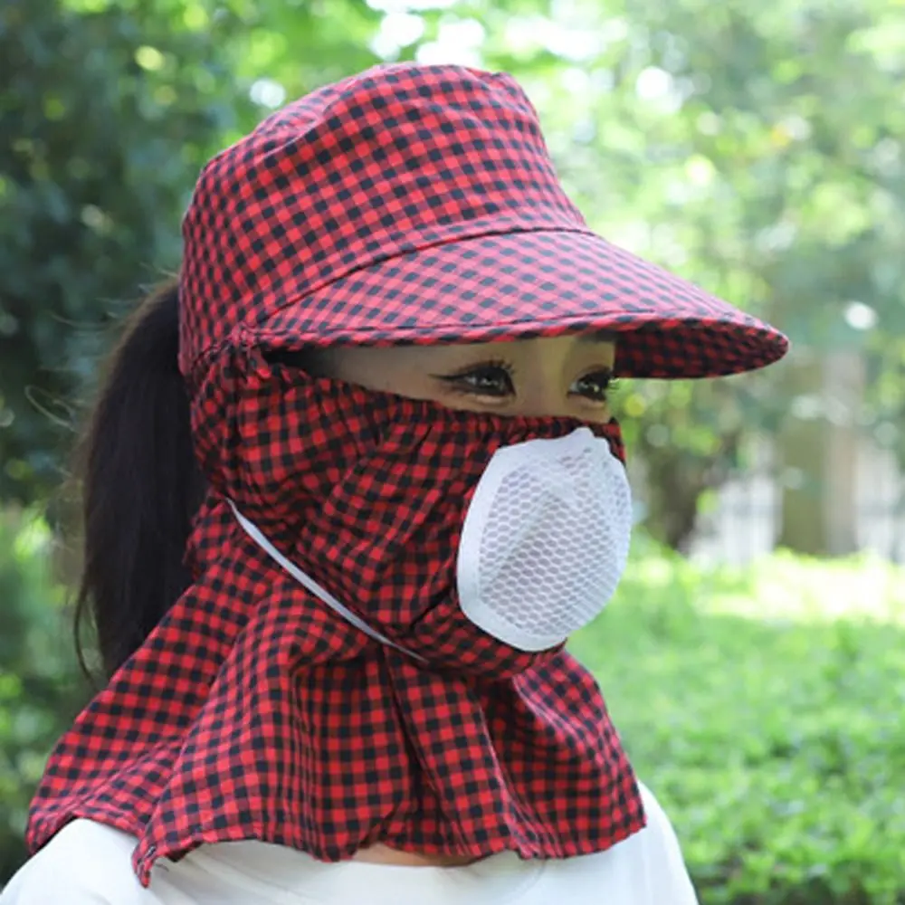 

Fashion Plaid Print Women Sun Hat Neckline Mask Sun Protection Sunscreen Bucket Hat Face Mask Fishing Cap Tea Picking Hat Riding
