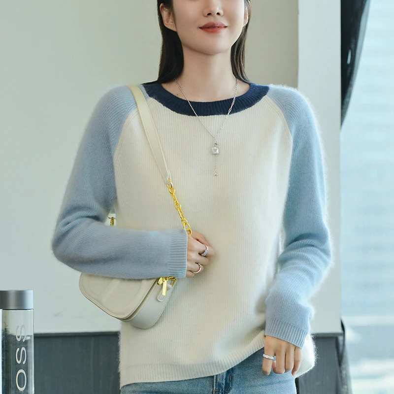 

(100% Cashmere) Women's High-end Cashmere Sweater With Round Neck Color Blocking, Elegant And Classic Temperament, Versatile For