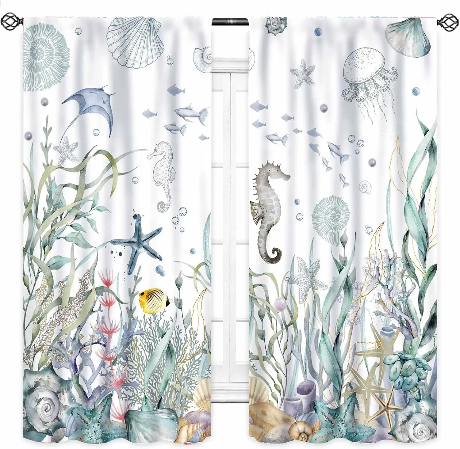 Boho Watercolor Ocean Shower Curtain Nautical Sea Life Art Tropical Bathroom Decor Mermaid Coral Underwater Aquatic Pattern