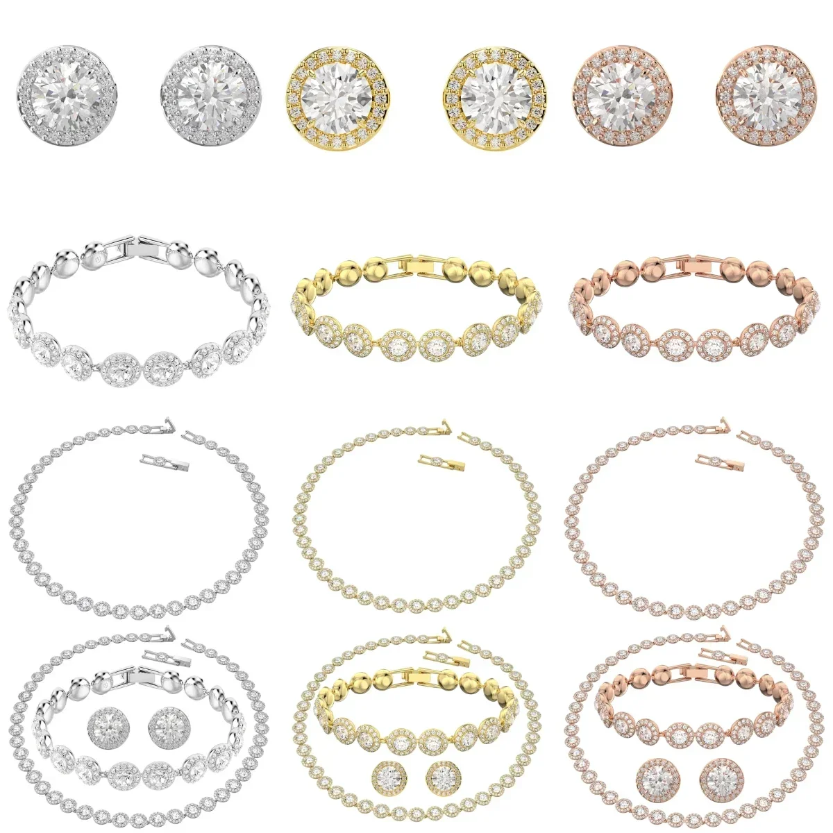 S925 الفضة الكلاسيكية السعادة الماس جولة كريستال أقراط سوار قلادة مجموعة النساء رائع Una Angelic سلسلة مجوهرات مجموعة #1