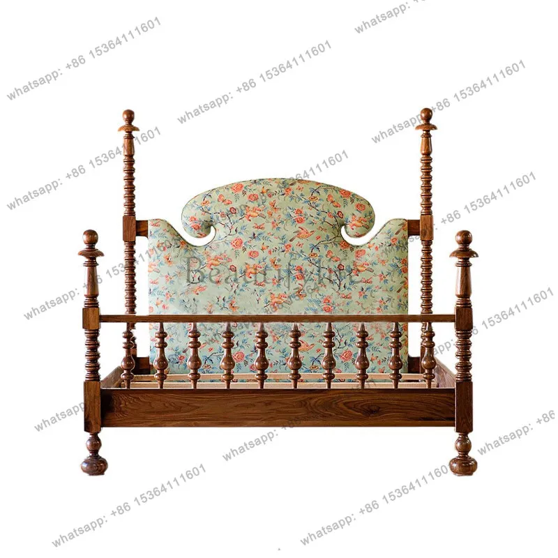 American Vintage Solid Wood Home 1.8m Double Bed French Country Print Single Bed