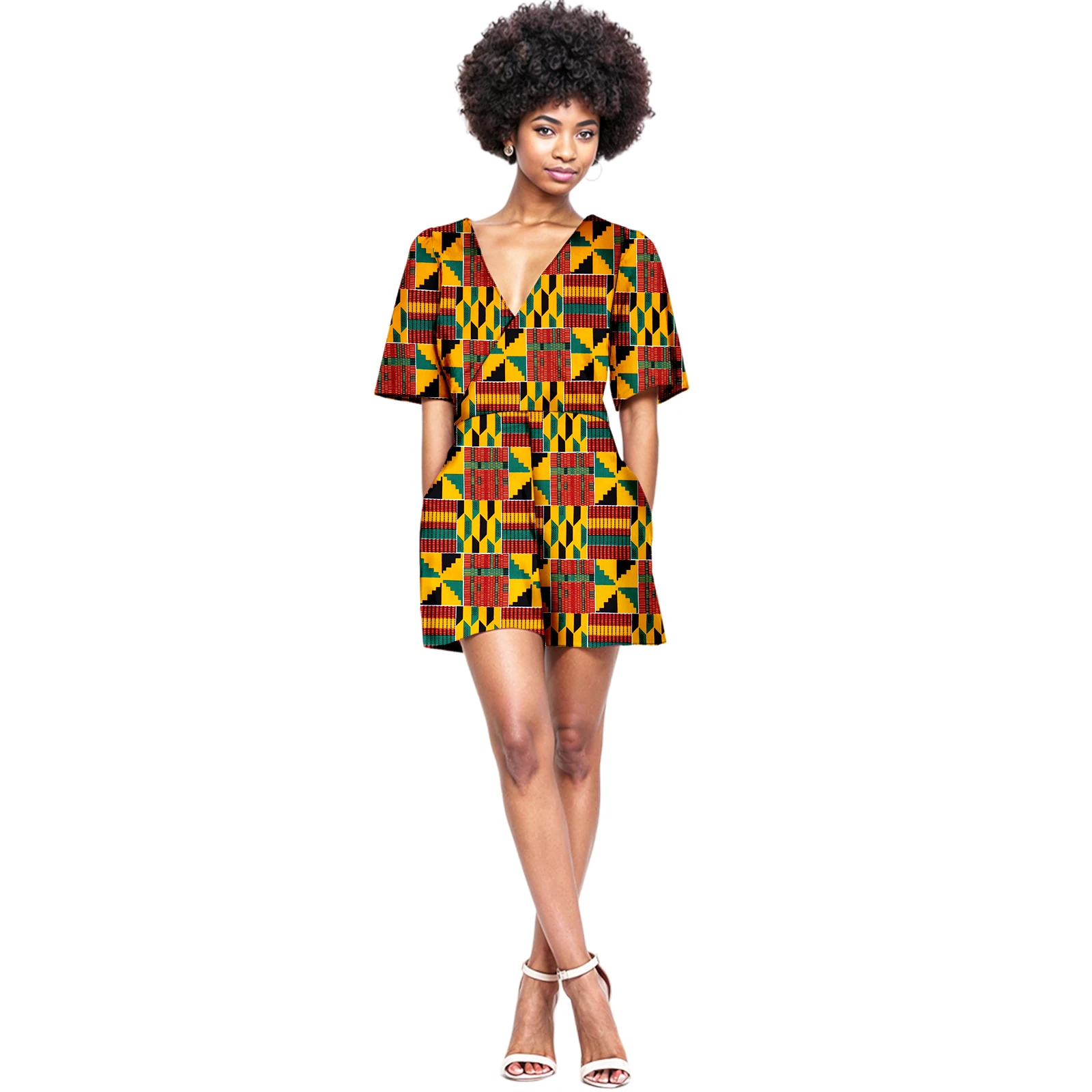 

Women's African Dashiki Print Dress Short sleeved shorts Mini Casual Dress