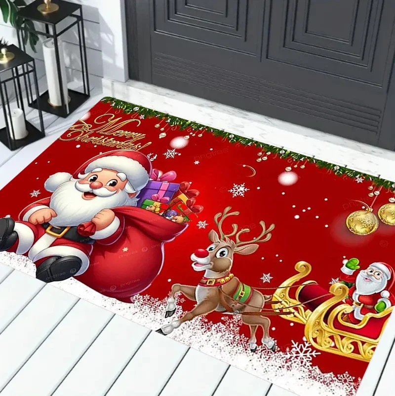 White Red Merry Christmas Poinsettia Holly Berry Pine Entrance Mat Non-Slip Doormat for Front Door Porch Greeting