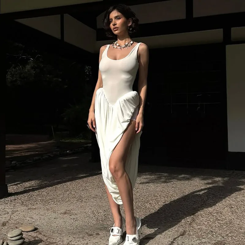 

Talenza White Gathered Tank Dress Fashion Sexy Sleeveless High-Waisted Asymmetric Slit Dress Elegant Women Party Evening Dresses