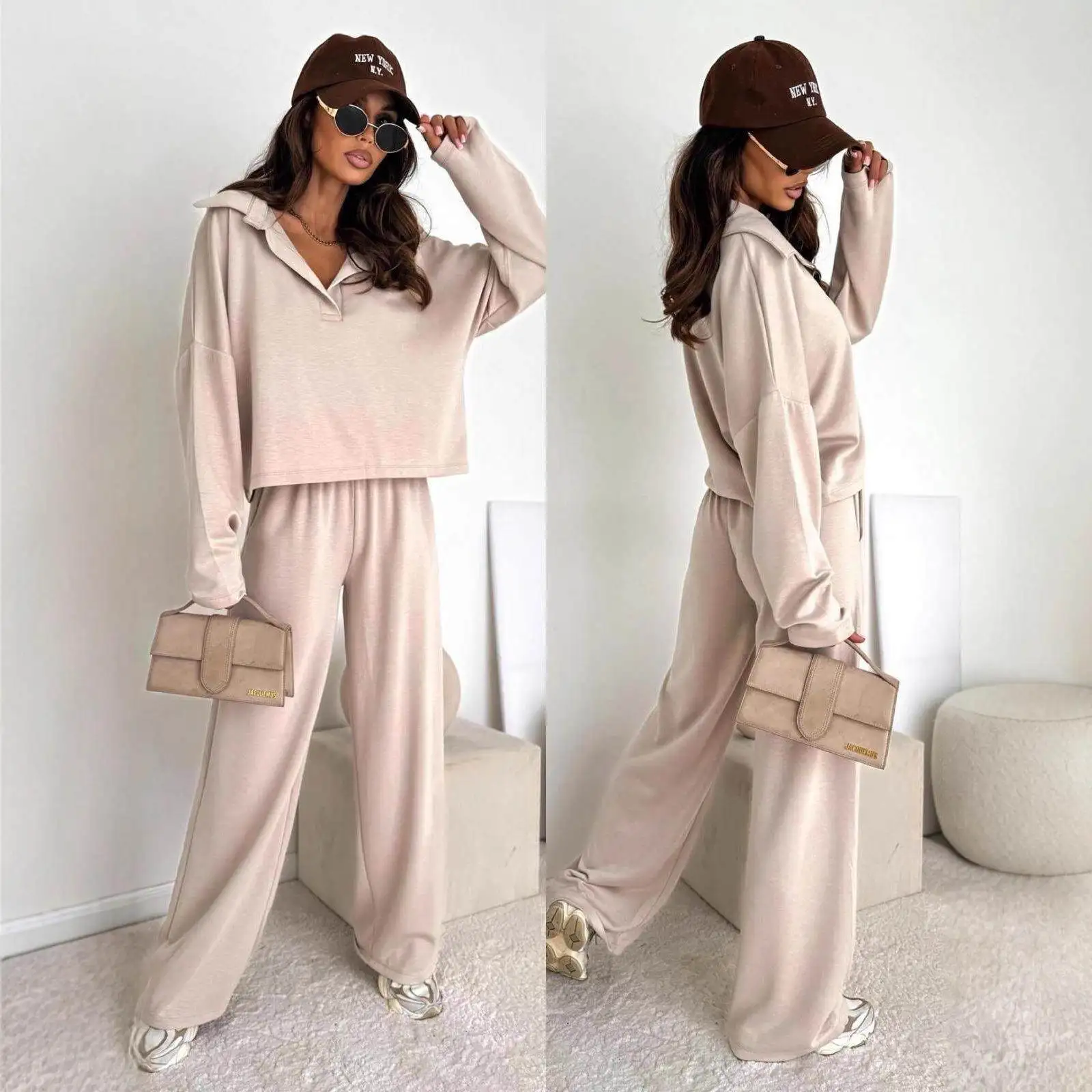 

Повседневный комплект из двух предметов с длинными рукавами для женщин: однотонные брюки с эластичным поясом и низкой/средней посадкой из ПВХ для трансграничной торговли