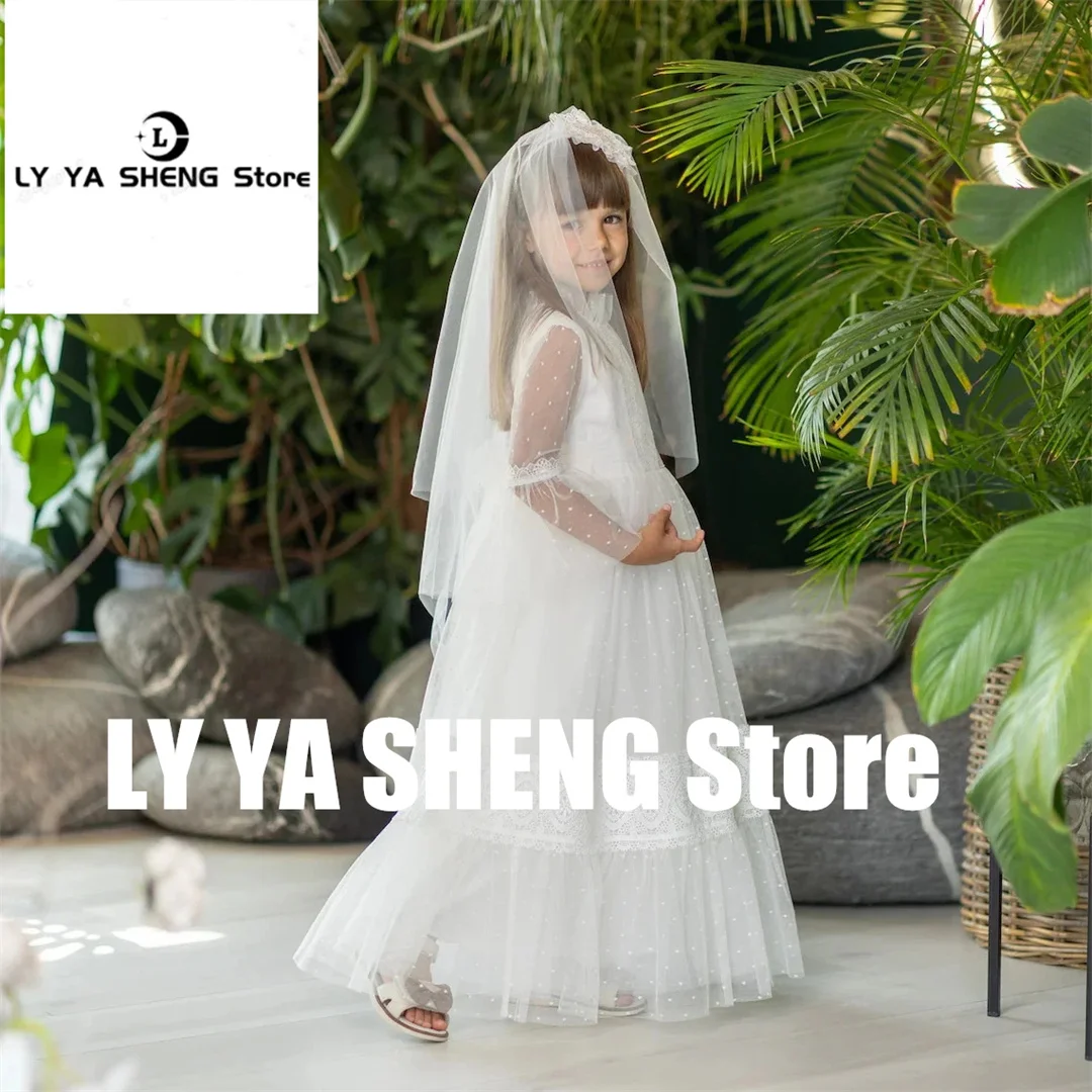 Customized Flower Girl Dress For Wedding Lace Dot Puffy Full Sleeves Tulle Prom Princess Robe First Communion Ball Gowns