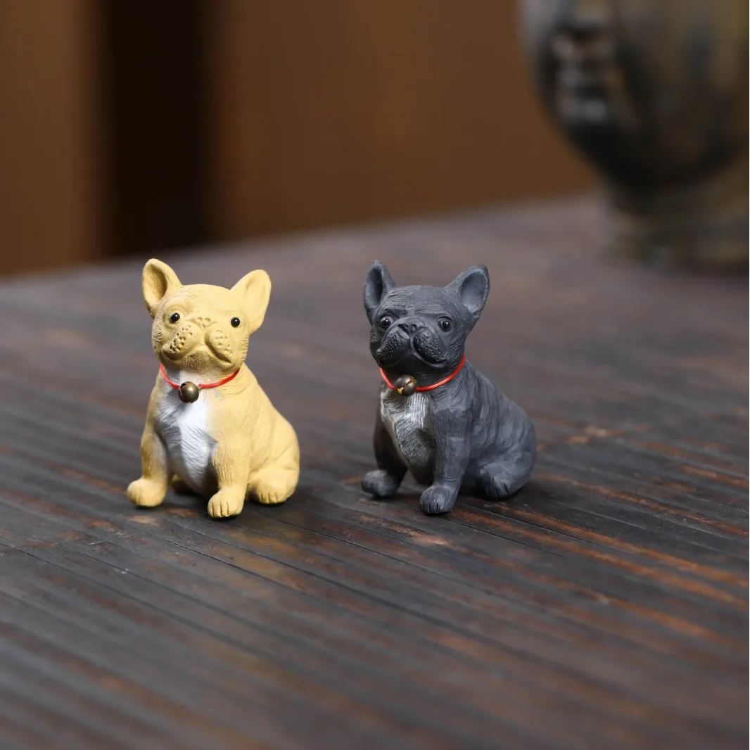 Purple Clay Pet Puppy Toy, Creative Handmade Fortune-Bringing Zodiac Bell Dog, French Bulldog Set, Tea Ceremony Ornament