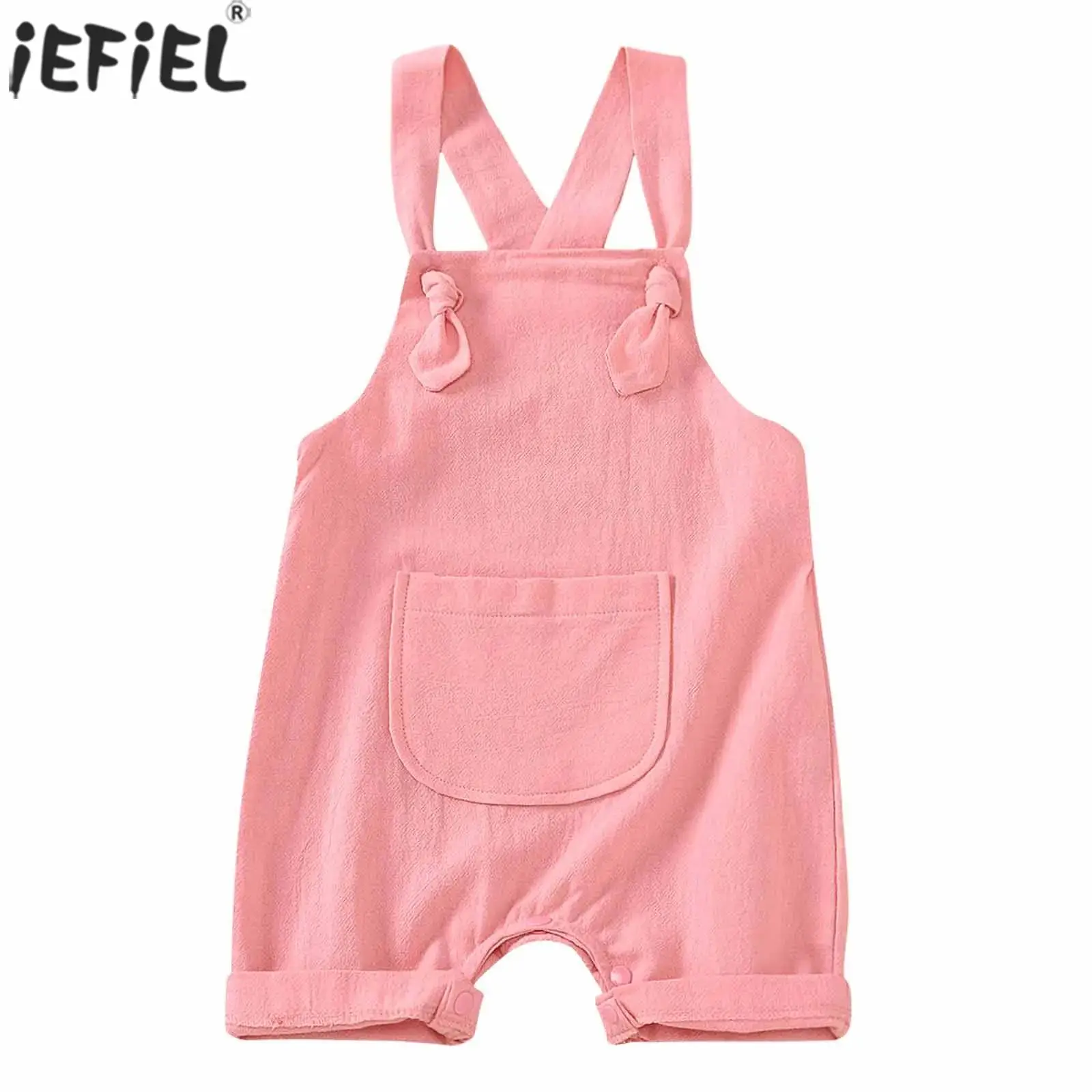 

Baby Boys Girls Summer Solid Color Overalls Pocket Press Button Suspender Shorts Rompers Infant Clothes Outfit School Daily Wear