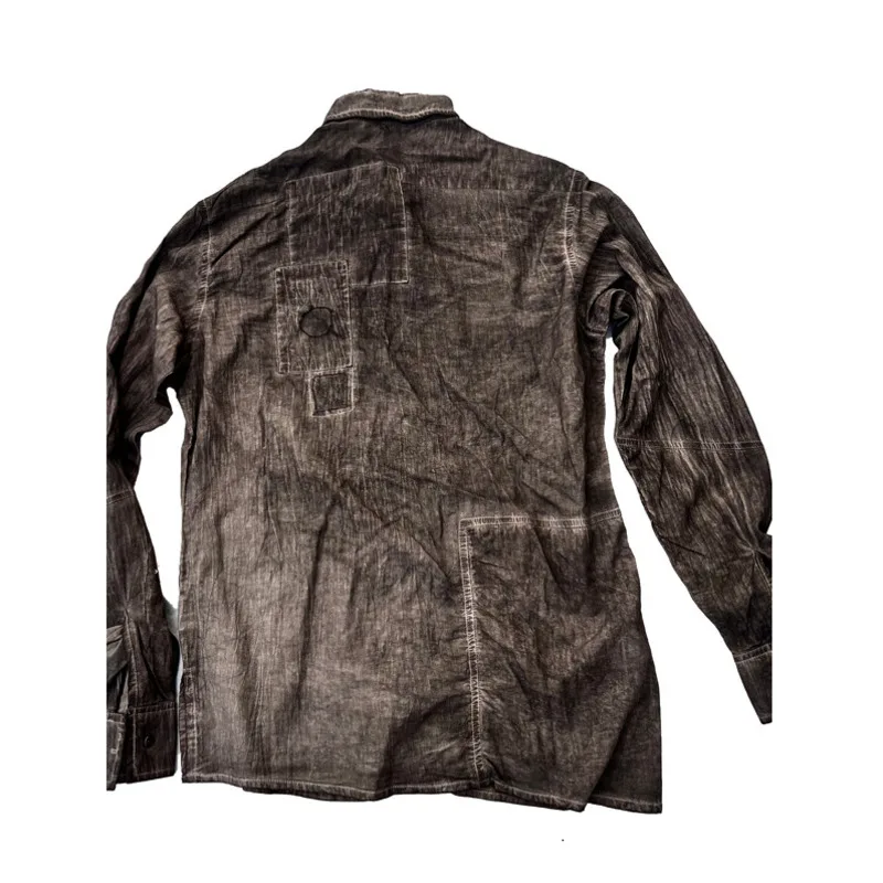 WVGA Spring Autumn New Men Distressed Vintage Patchwork Irregular Versatile Cotton Long Sleeve Turn-Down Collar Shirt Ins W25939