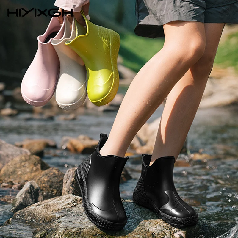 Fashionable Women's Rain Boots Flat Work Shoes Waterproof Short Clogs Easy to Clean Car Work Shoes Lightweight Adult Shoes