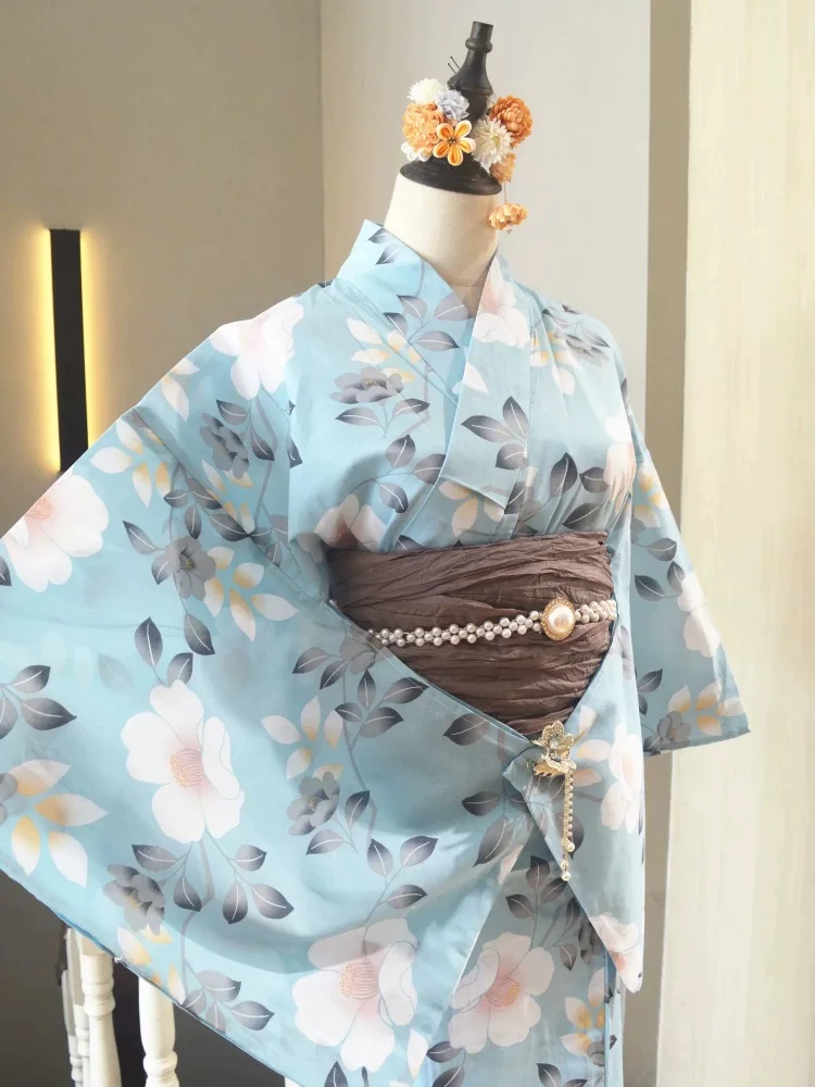 Yukata Traditional Japanese Kimono-style Cotton Women's Dress and Young Ladies' Kimono with Navy Blue Camellia Pattern