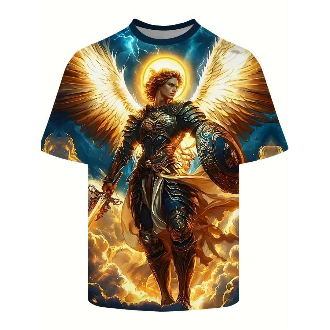 Men's Archangel Saint Michael T-Shirt 3D Full Print Religious Warrior Angel Pattern T-Shirt Christian Faith Short Sleeved Top view 4