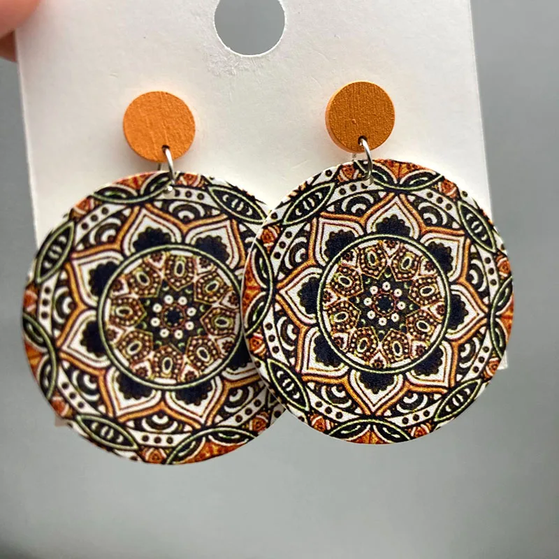 Ethnic Vintage Round Printed Wooden Earrings for Women Simple Muticolor Flower Pattern Drop Earring Daily Party Jewelry view 4