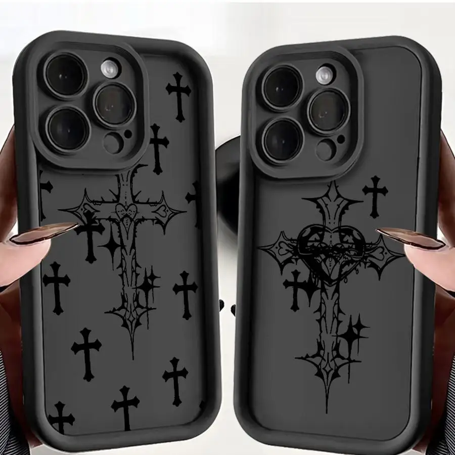 

Luxury Black Cross Print Phone Case for iPhone 16 15 Pro Max 13 12 11 Pro 14ProMax 16Plus 12Pro ShockProof Cover Funda Capa
