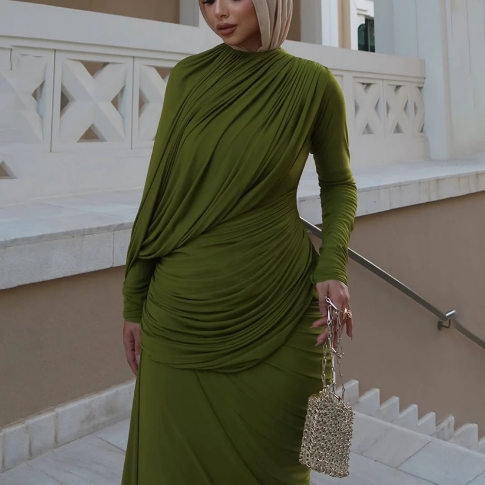 فستان سهرة إسلامي أخضر أنيق مخصص برقبة عالية وأكمام طويلة مطوي حورية البحر طول الأرض فساتين الحفلات الرسمية 2025