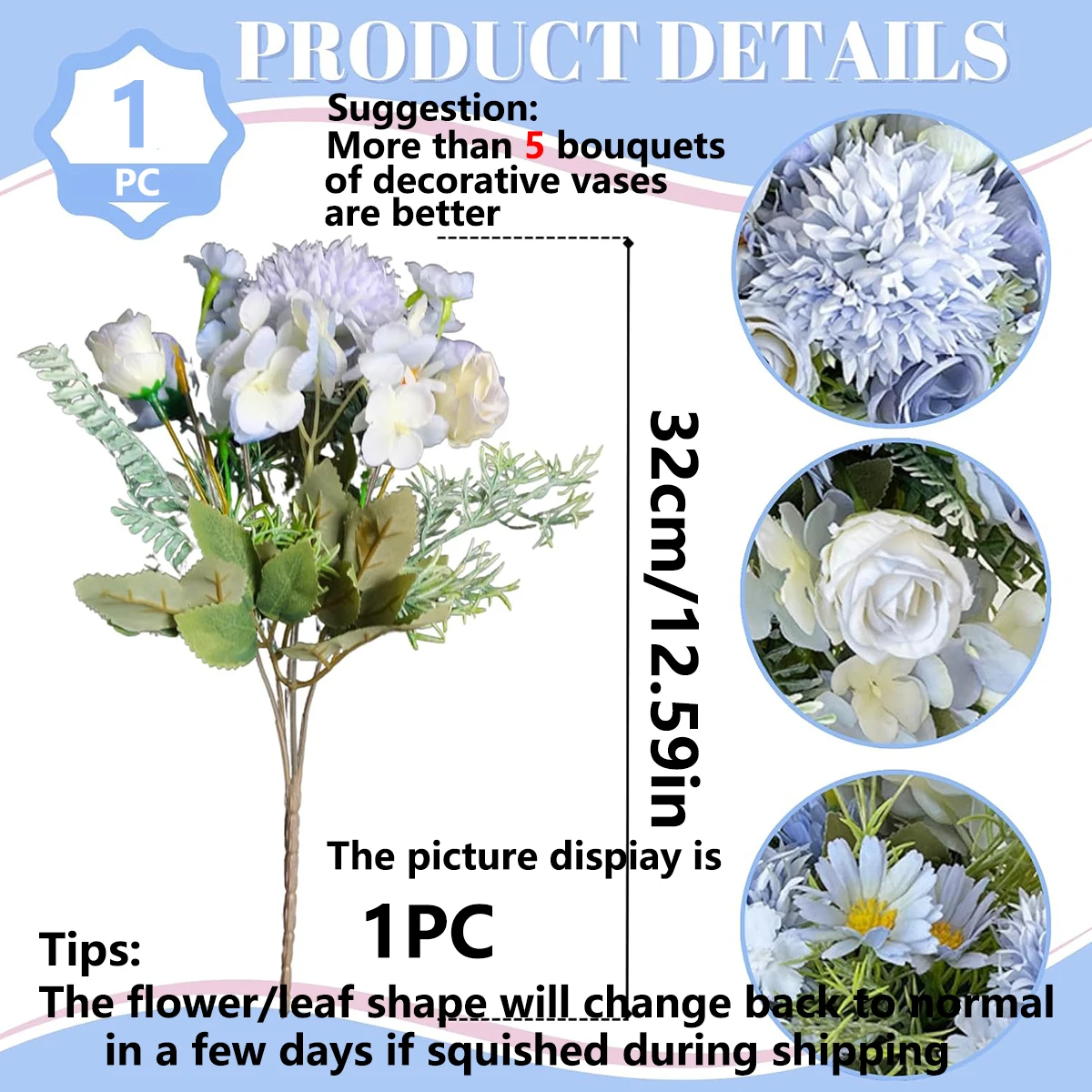 5 Stück Künstliche Blumen Hochzeit Heim Schlafzimmer Dekoration Brautstrauß Garten Kunstseidenrosen Hortensien Outdoor Gartenaccessoires – Detail 1