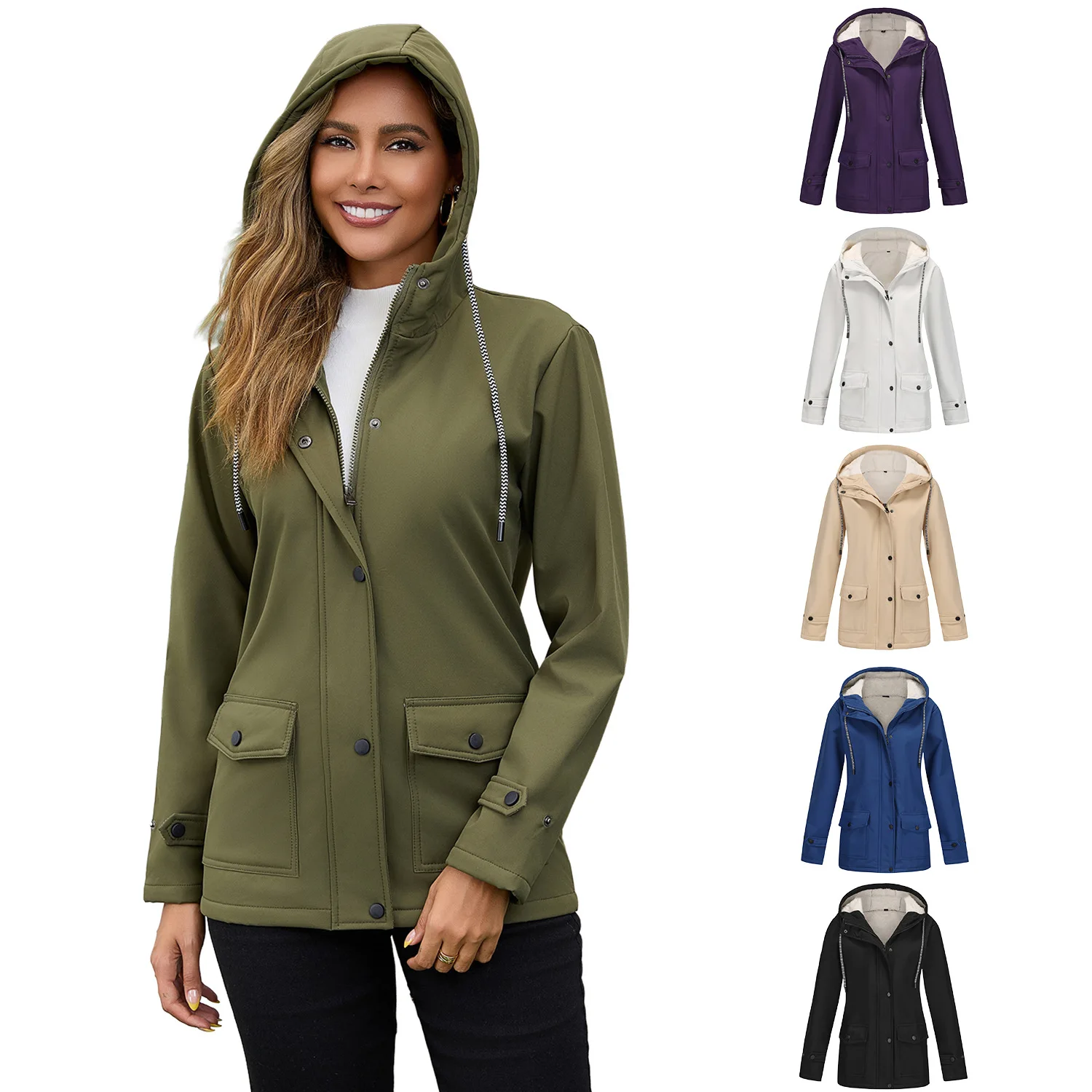 

Jacket Women Windbreaker Plush Coat Hooded Windproof Rain Thick Autumn Winter Outerwear Zipper Single Breasted Pockets Outdoor