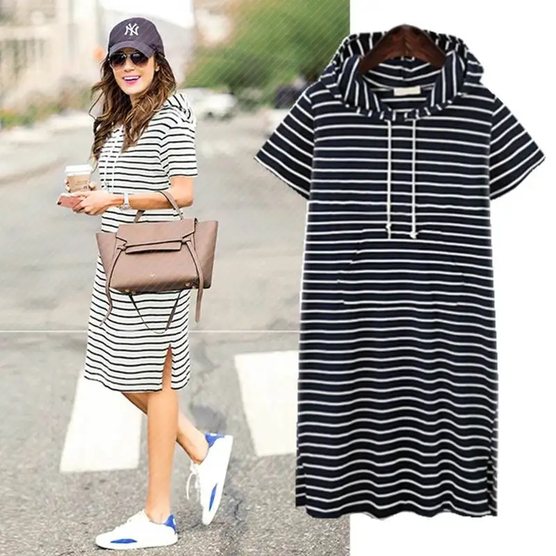   Casual Faion Ladies irt Dr Street Sle Vita ampia ort Sve Con cappuccio H-ape Stampa a righe Dr da donna