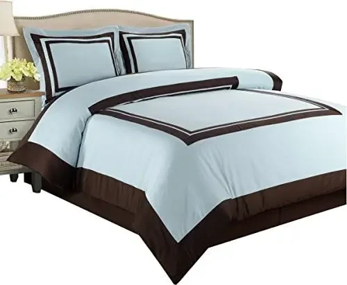 4PC Full/Queen Bedding Set Including 300TC Hotel Blue with Chocolate Duvet Set Cover Set+ White Down Alternative